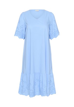 Light blue short-sleeve dress with a V-neck, featuring embroidered details on the sleeves and a ruffled hemline. Smooth cotton material.