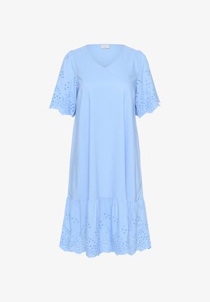Light blue short-sleeve dress with a V-neck, featuring embroidered details on the sleeves and a ruffled hemline. Smooth cotton material.
