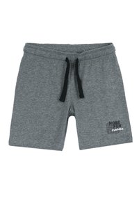 Shorts en coton gris avec une taille élastique munie d'un cordon noir, des poches latérales, et un graphique imprimé avec "PLUS DE FUN S'IL VOUS PLAÎT."