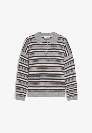 Pulover polo z dolgimi rokavi s sivimi, črnimi in roza vodoravnimi črtami ter tremi gumbi na ovratni manšeti.