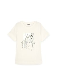 Camiseta de algodón blanca con un gráfico en línea negra que muestra dos figuras, cuello redondo, mangas cortas y corte relajado.