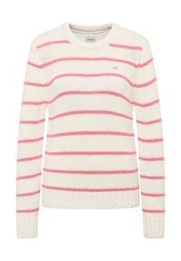 Cremefarbener Pullover mit rosa horizontalen Streifen, Rundhalsausschnitt und gerippten Bündchen sowie Saum. Hergestellt aus strukturiertem Strickstoff.