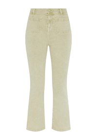 Lichtgroene flare jeans met een hoge taille, twee achterzakken en een gestructureerde afwerking, voorzien van een metalen knoopsluiting aan de voorkant.