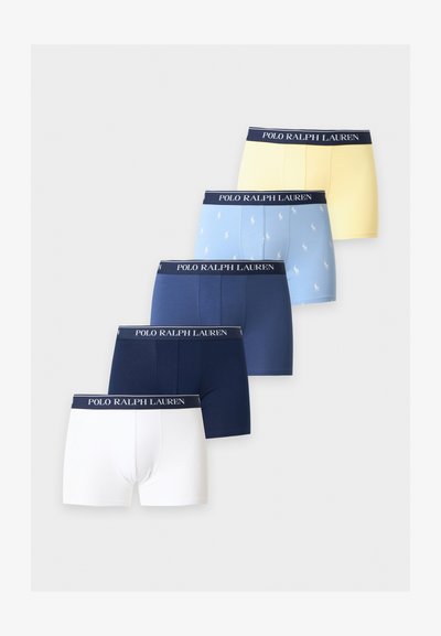 Πέντε ζευγάρια ανδρικά boxer briefs σε λευκό, ναυτικό μπλε, σκούρο μπλε, ανοιχτό μπλε με σχέδιο λογότυπου και κίτρινο, όλα με σκούρες ζώνες μέσης με το λογότυπο Polo Ralph Lauren.