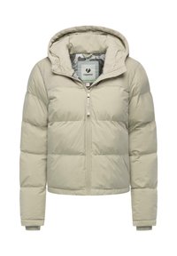 Lys beige dunjakke med glidelås foran og hette. Den har et teksturert øvre panel og ribbestrikkede mansjetter, som gir en varm og isolert design.