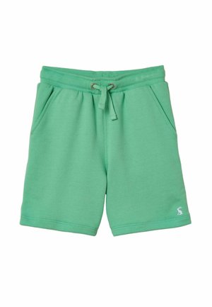 Grüne Baumwollshorts mit elastischem Bund, Kordelzug, Seitentaschen und kleinem weißem Logo nahe dem Saum auf schlichtem weißem Hintergrund.