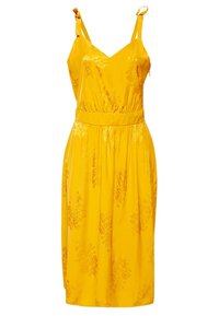 Robe midi jaune sans manches avec bretelles ajustables, décolleté en V, taille froncée et motif jacquard floral subtil.
