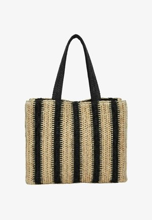 Rechthoekige geweven draagtas met verticale zwarte en beige strepen, voorzien van twee zwarte geweven handvatten.