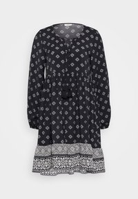 Μαύρο φόρεμα με μακρυά μανίκια, διακοσμημένο με λευκούς διαμαντένιους σχηματισμούς. Διαθέτει στρογγυλή λαιμόκοψη και στρωτό τελείωμα στο οποίο υπάρχουν γεωμετρικά σχέδια.