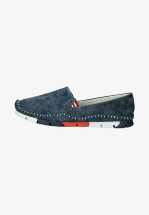 Blue slip-on shoes with a repeating black bird pattern, white stitching, and colorful rubber accents on the sole. Textured upper material.