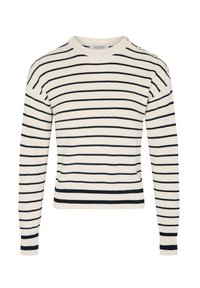 Strickpullover mit langen Ärmeln, cremefarbener Grundfarbe und navyblauen horizontalen Streifen. Verfügt über Knöpfe an der Schulter, gerippte Bündchen und Saum.