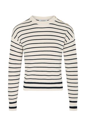 Maglione lavorato a maglia con maniche lunghe, base crema e strisce orizzontali blu navy. Presenta bottoni sulla spalla, polsini e orlo a coste.