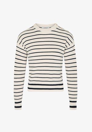 Maglione lavorato a maglia con maniche lunghe, base crema e strisce orizzontali blu navy. Presenta bottoni sulla spalla, polsini e orlo a coste.