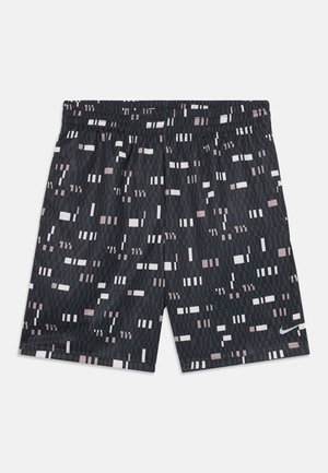 Calções atléticos pretos com um padrão geométrico em branco e rosa claro. Cintura elástica e logótipo da Nike em branco no lado inferior esquerdo.