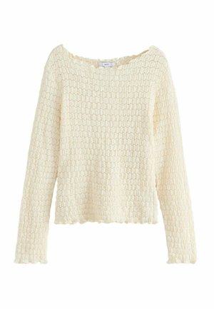 Suéter de crema texturizado con mangas largas y un escote ancho. Presenta un patrón de punto y un dobladillo en forma de ondas. Fabricado con un material suave.