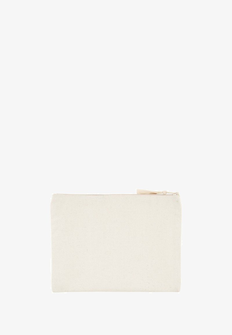 Trousse rectangulaire en toile beige avec une fermeture éclair sur le dessus et une languette en tissu sur un fond blanc.