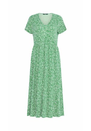 Vestido midi verde de manga corta con estampado floral blanco, escote en V y cintura fruncida para un ajuste fluido.
