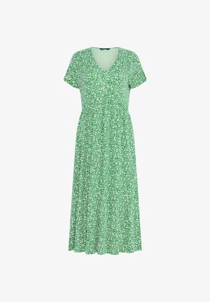 Vestido midi verde de manga corta con estampado floral blanco, escote en V y cintura fruncida para un ajuste fluido.
