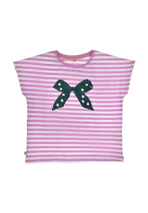 Kurzärmeliges Kinderhemd mit pink-weißen Streifen und einer grünen, mit Pailletten besetzten Schleife mit weißen Punkten auf der Vorderseite.