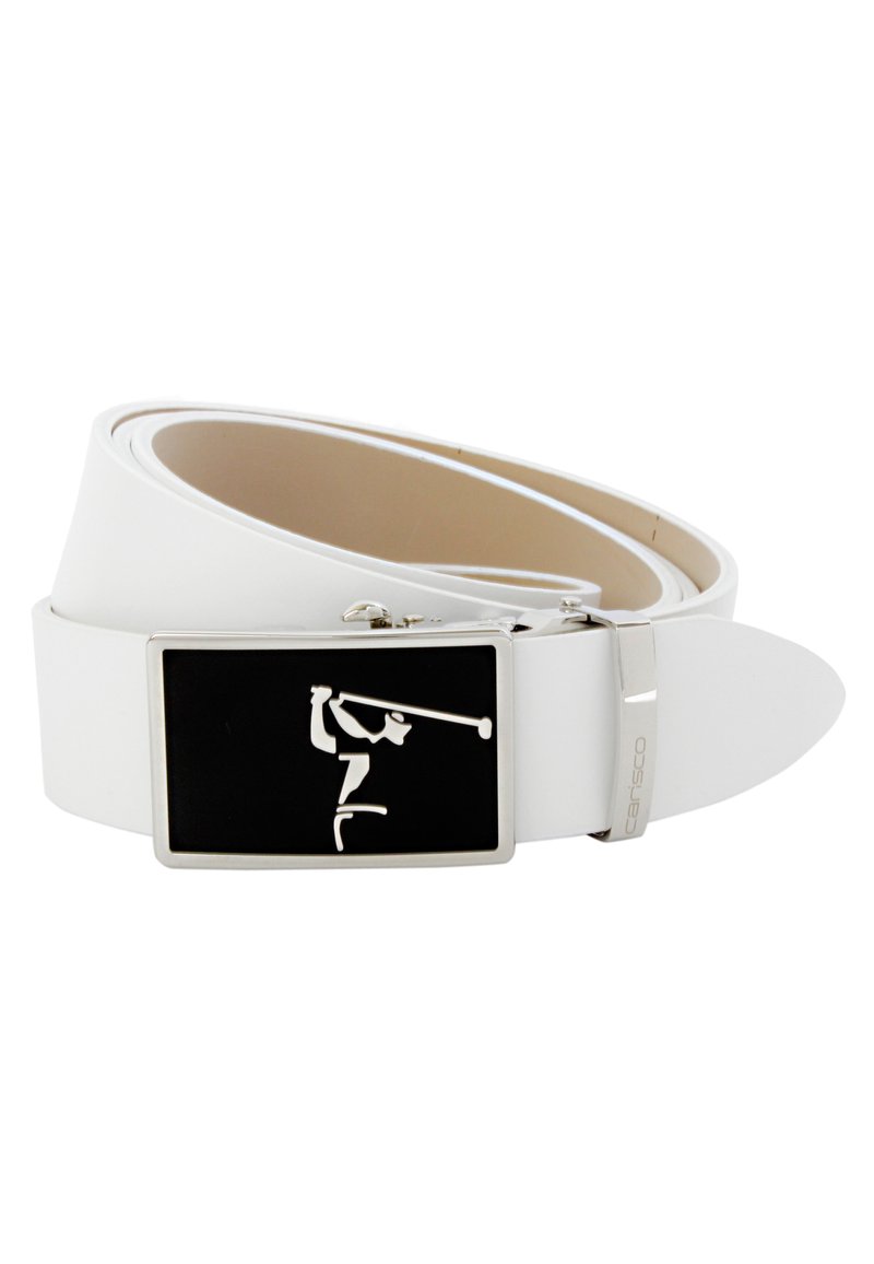 Weißer Leder-Gürtel mit glatter Textur, ausgestattet mit einer schwarzen rechteckigen Schnalle, die eine Golfer-Silhouette in Weiß geprägt hat, sowie verchromten Metallakzenten.