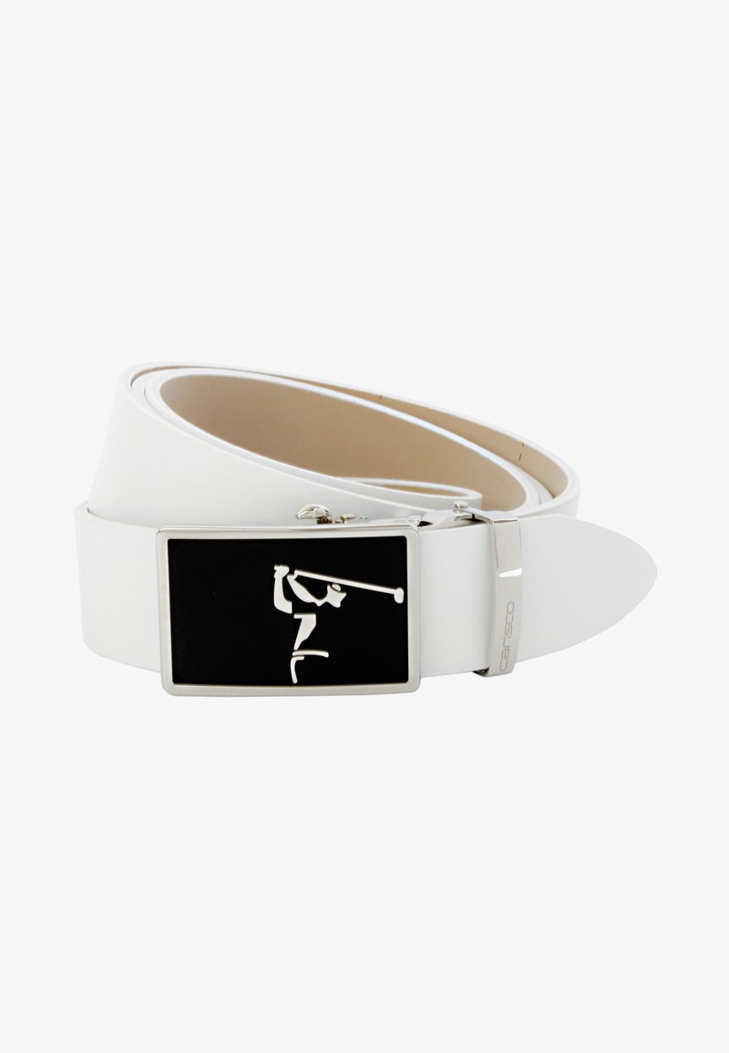 Weißer Leder-Gürtel mit glatter Textur, ausgestattet mit einer schwarzen rechteckigen Schnalle, die eine Golfer-Silhouette in Weiß geprägt hat, sowie verchromten Metallakzenten.