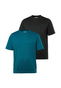 Zwei T-Shirts mit kurzen Ärmeln, eines in Teal und eines in Schwarz, aus weichem Stoff. Jedes hat einen Rundhalsausschnitt und ein dezentes Logo auf der Brust.