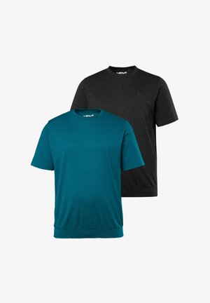 Zwei T-Shirts mit kurzen Ärmeln, eines in Teal und eines in Schwarz, aus weichem Stoff. Jedes hat einen Rundhalsausschnitt und ein dezentes Logo auf der Brust.