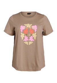 Ruda trumpa rankovė t-shirt su gėlių grafika rožinės, oranžinės ir geltonos spalvų su užrašu "GĖLIŲ LAUKAS" auksine spalva. Pagaminta iš medvilnės.