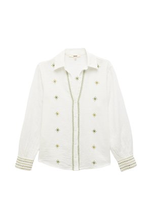 Hvid linned skjorte med lange ærmer, grøn blomsterbroderi, knap-ned krave og dekoreret syning langs ærmekanterne.