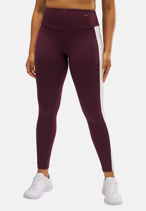 Leggings granates con una cintura alta, que presentan paneles laterales blancos y una textura suave y elástica. Diseñados para la comodidad y la flexibilidad.