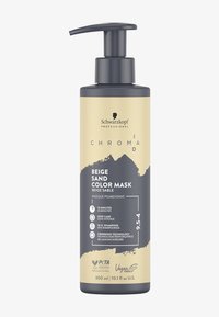 Beige Sandfarbene Maske in einer schwarz-goldenen Flasche. Verfügt über einen Pumpspender, Produktdetails, Zertifizierungssymbole und ein mattes Finish.