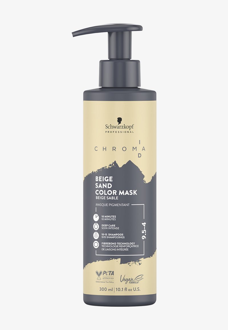 Beige Sandfarbene Maske in einer schwarz-goldenen Flasche. Verfügt über einen Pumpspender, Produktdetails, Zertifizierungssymbole und ein mattes Finish.