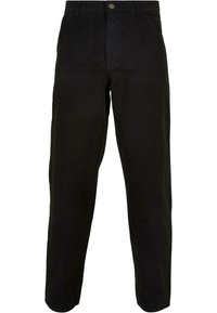 Pantaloni negri din bumbac cu un design drept, având închidere frontală cu button și buzunare laterale. Textură netedă, fără modele vizibile.