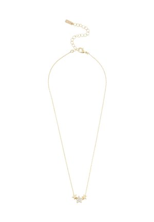 Náhrdelník ve zlatém odstínu s jemným řetízkem, třemi kouzly ve tvaru hvězdy a centrálním třpytivým kamenem. Nastavitelná délka s karabinovým zapínáním.