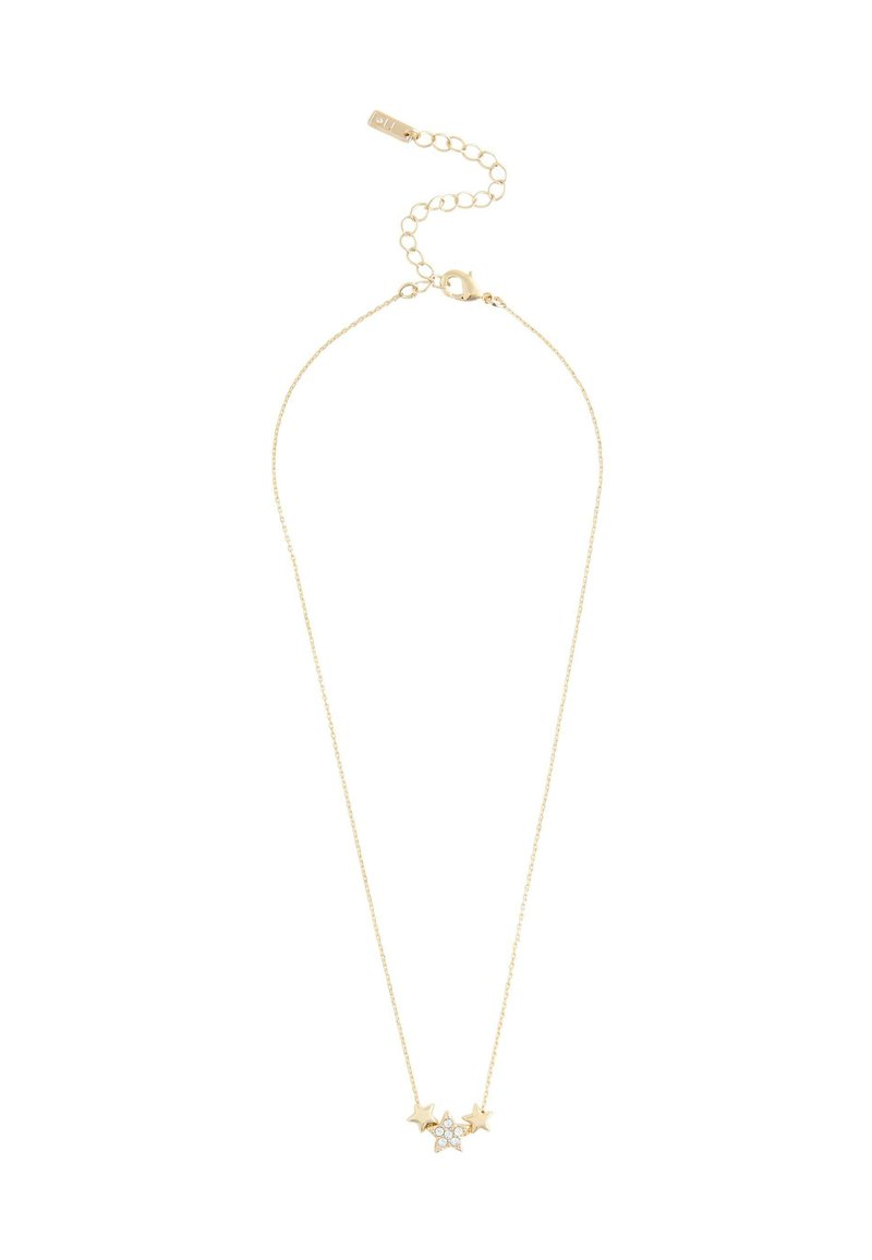 Złocony naszyjnik z delikatnym łańcuszkiem, trzema zawieszkami w kształcie gwiazdek oraz centralnym błyszczącym kamieniem. Regulowana długość z zapięciem na karabińczyk.