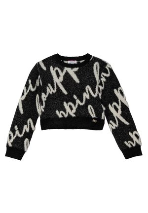 Maglione corto in bianco e nero con texture pelosa, caratterizzato da grandi scritte bianche a mano e da un colletto e polsini a coste neri.