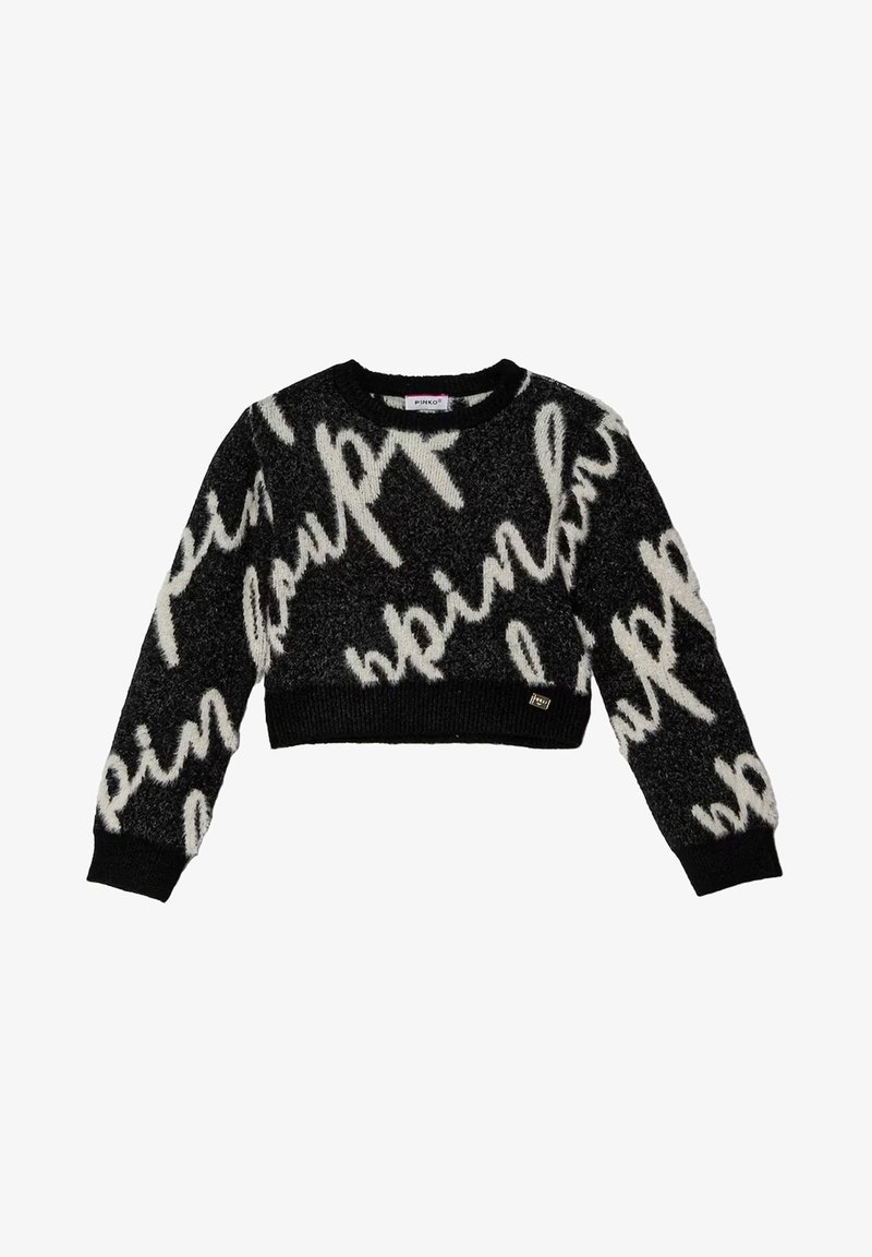 Maglione corto in bianco e nero con texture pelosa, caratterizzato da grandi scritte bianche a mano e da un colletto e polsini a coste neri.