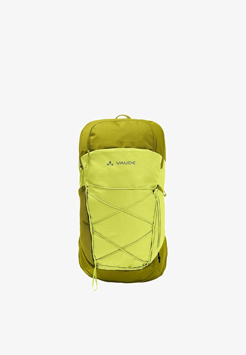 Grüner und gelber Vaude-Rucksack mit vorderem Bungee-Seil und Reißverschluss oben, entworfen für den Outdoor- oder Reisegebrauch.