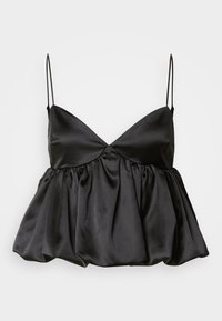 Czarny satynowy, rozkloszowany krótki top z głębokim dekoltem w serek, cienkimi regulowanymi ramiączkami i marszczeniem w talii dla uzyskania efektu objętościowej sylwetki.