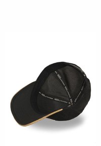 Casquette noire avec intérieur en mesh, visière courbée et sous-visière beige. Présente un ruban de marque à l'intérieur ; design simple et structuré.