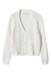 Witte gebreide cardigan met een geprofileerd patroon, V-hals, sluiting met knopen aan de voorkant en geribde manchetten en zoom. Lichtgewicht en ademend ontwerp.