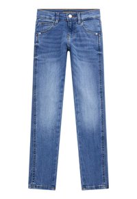 Svetle modré džíny s rovnými nohavicemi mají pět kapes, poutka na opasek a mírné vyblednutí, vyrobené z materiálu s příměsí bavlny.