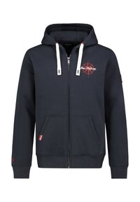 Marine blauwe zip-up hoodie van zacht materiaal met een logo aan de voorkant, twee zijzakken, witte trekkoorden en ribgebreide manchetten met rode accenten.