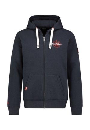 Navy zip-up hoodie made of soft fabric features a front logo, two side pockets, white drawstrings, and ribbed cuffs with red accent.