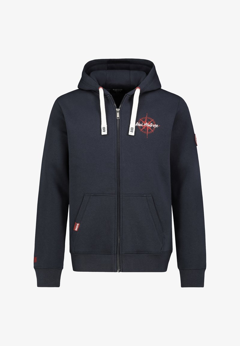 Marine blauwe zip-up hoodie van zacht materiaal met een logo aan de voorkant, twee zijzakken, witte trekkoorden en ribgebreide manchetten met rode accenten.