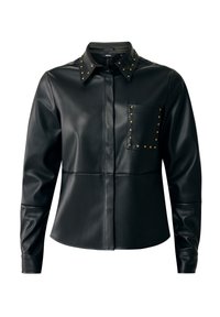Camicia nera in ecopelle con colletto a punta, maniche lunghe, tasca sul petto e decorazioni in perline dorate sul colletto e sulla tasca.