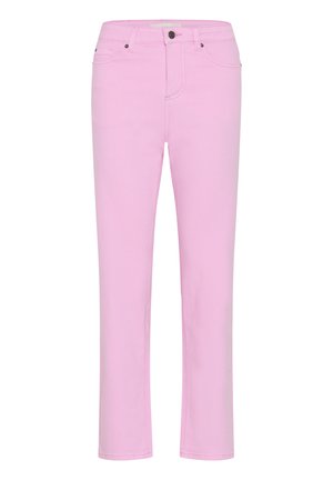 Jean en denim rose à jambes droites avec fermeture à bouton et zip, poches avant et arrière, présenté sur fond blanc.