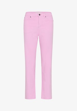 Jean en denim rose à jambes droites avec fermeture à bouton et zip, poches avant et arrière, présenté sur fond blanc.