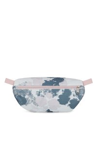 Marsupio con base azzurro chiaro, caratterizzato da motivi astratti di nuvole blu scuro e rosa, zip rosa di accento e tracolla per il trasporto.