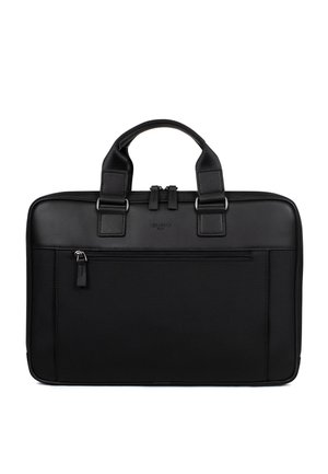 Czarna prostokątna teczka z dwoma górnymi uchwytami, przednią kieszenią na zamek i gładkim górnym panelem na białym tle.